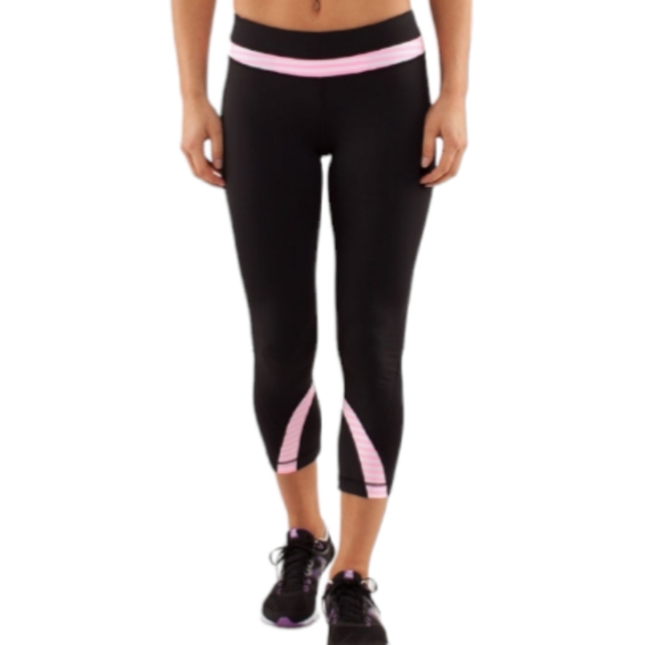lululemon athletica Pants - Lululemon Run Inspire Crop II Black Leggings Classic Stripe Band White Pink Sz 6